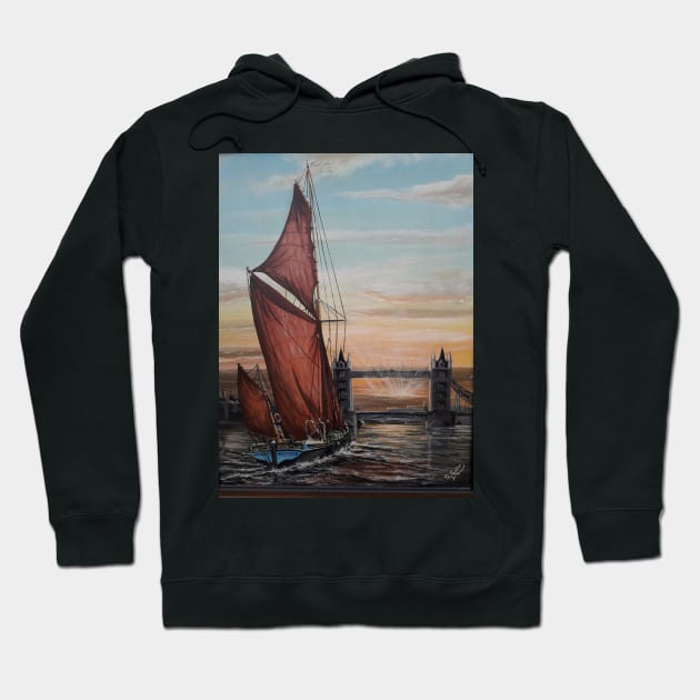 SAILING BARGE DANNEBROG AND TOWER BRIDGE AT SUNSET Hoodie by MackenzieTar